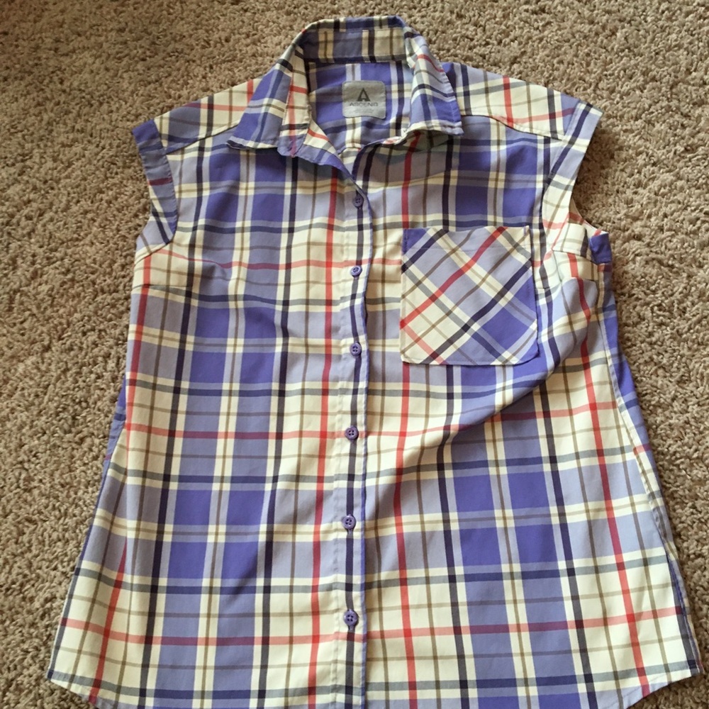 Ascend Small Plaid Purple Sleeveless Button Down Pocket